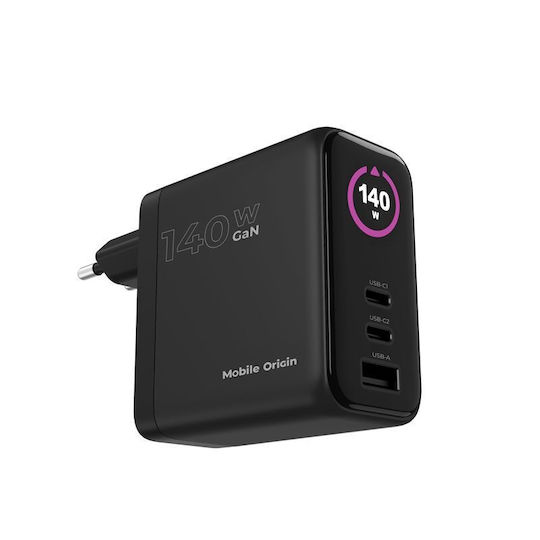 Mobile Origin Φορτιστής GaN με Θύρα USB-A και 2 Θύρες USB-C 140W Power Delivery Μαύρος (PW21)