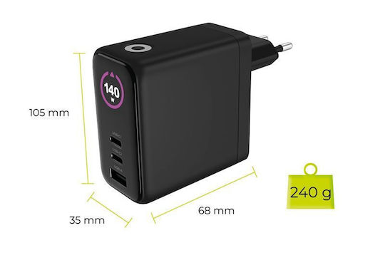 Mobile Origin Φορτιστής GaN με Θύρα USB-A και 2 Θύρες USB-C 140W Power Delivery Μαύρος (PW21)
