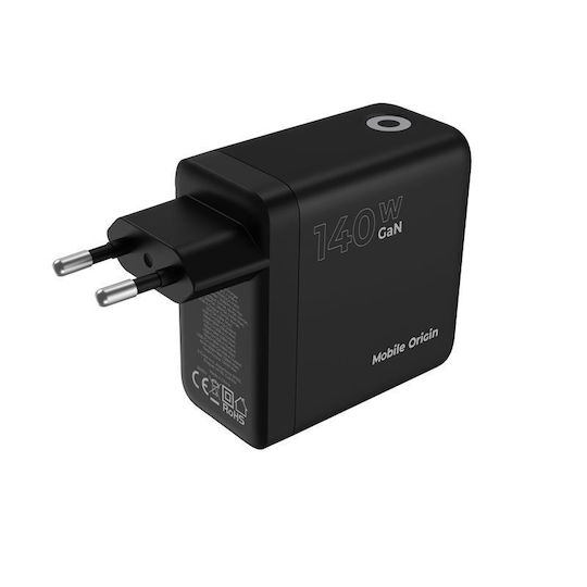 Mobile Origin Φορτιστής GaN με Θύρα USB-A και 2 Θύρες USB-C 140W Power Delivery Μαύρος (PW21)
