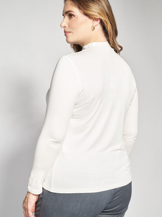 Bluza Damă Mânecă Lungă Cu Guler Înalt Albă