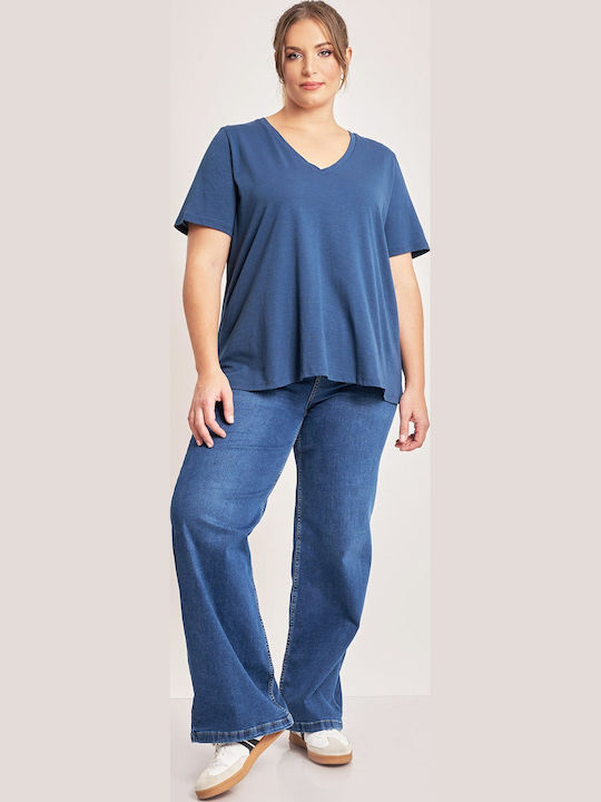 Bluza Damă Bumbac Mâneci Scurte cu Decolteu în V Albastră