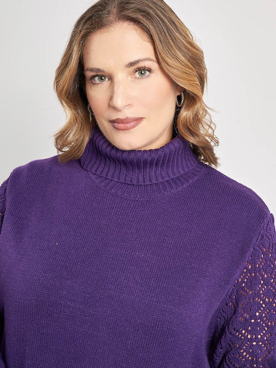 Rochie Tricotată Cu Guler Înalt Violet