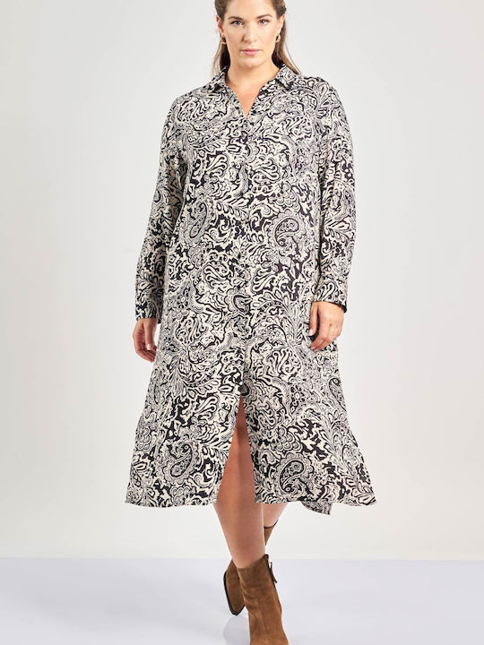 Rochie-Cămașă Midi Mânecă Lungă Imprimeu Paisley