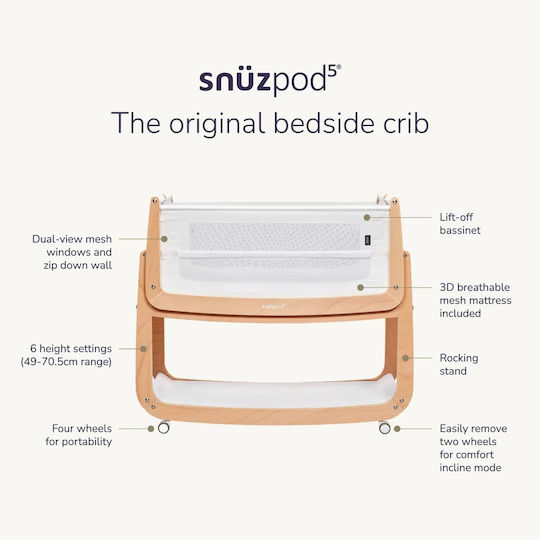 Snuz Wiege mit Matratze und Rädern Braun