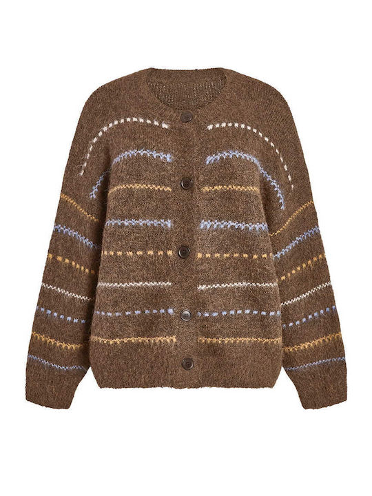 Celestino Women's Fuzzy Striped Loose Fit Brown Cardigan