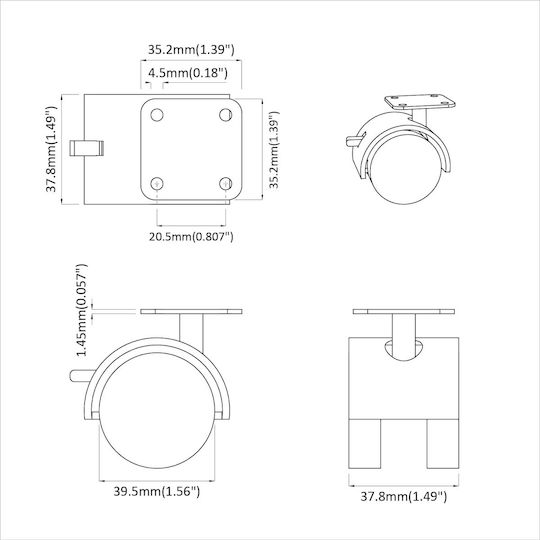 vidaXL Furniture Wheel made of Polypropylene with Wheels Black Velvet-Black Metal 3.95x3.95x3.78cm 2pcs