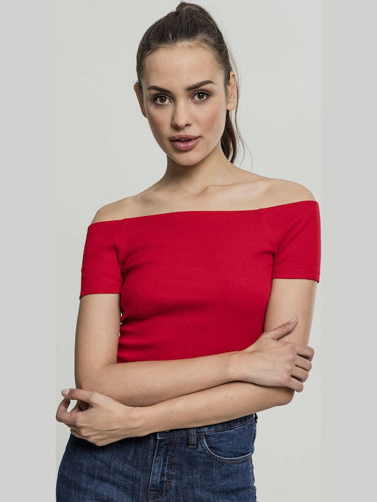 Women's Summer Crop Top Off-Shoulder Cotton Short Sleeve Red