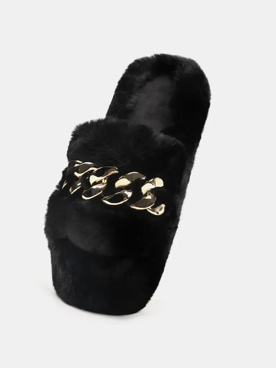 Papuc Flat Femeiesc Cu Blană Lanț Decorativ Mărimea 40 Negru
