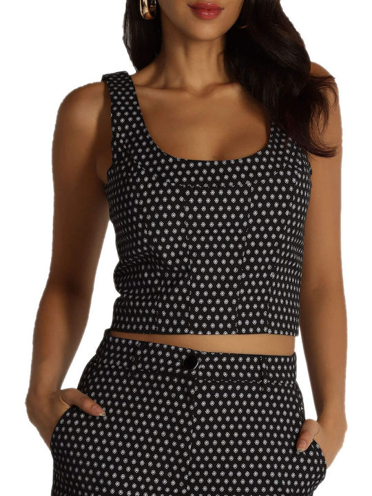 Women's Crop Top Cotton Sleeveless with Zipper Polka Dot Black