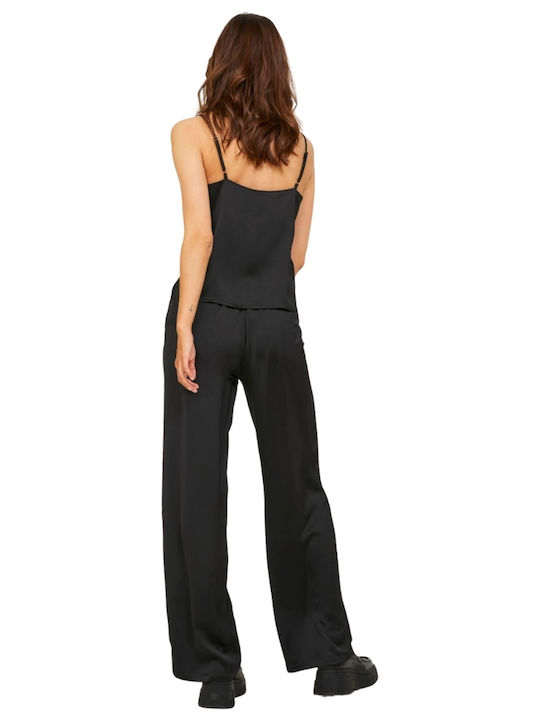 Women's Summer Blouse Satin with Straps & V Neckline Black