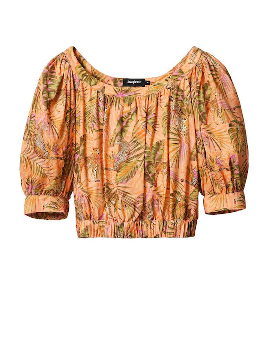 Safari Women's Summer Crop Top Linen Short Sleeve with Boat Neckline Floral Orange