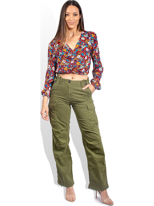 Vintage Women's Summer Crop Top Cotton Long Sleeve with V Neckline Floral Multicolour