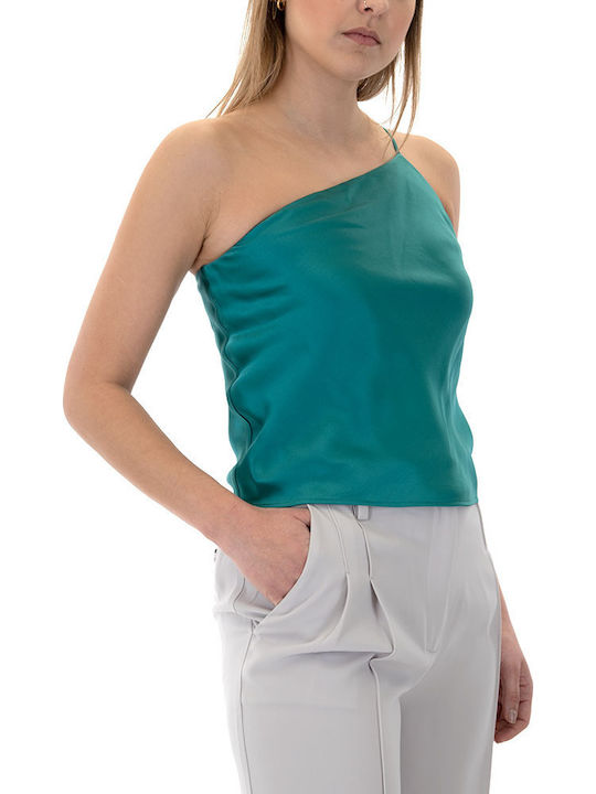 Γυναικεία Καλοκαιρινή Μπλούζα Σατέν Off-Shoulder με έναν Ώμο Πράσινη