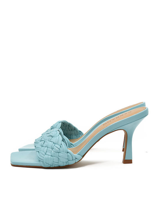 Leder Mules mit Dünn Hoch Absatz in Türkis Farbe