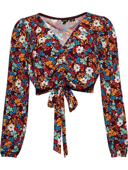 Vintage Women's Summer Crop Top Cotton Long Sleeve with V Neckline Floral Multicolour
