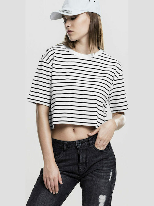 Women's Summer Crop Top Cotton Short Sleeve Striped White