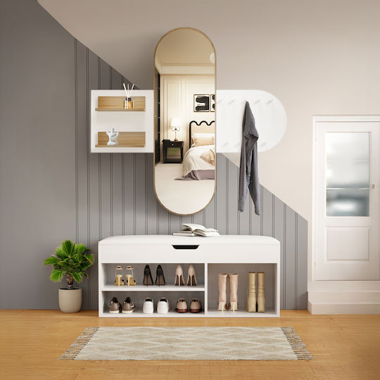 Eingangsmöbel mit Spiegel / Garderobe / Schuhschrank & Bank Λευκό, Sonama 125x40x120cm