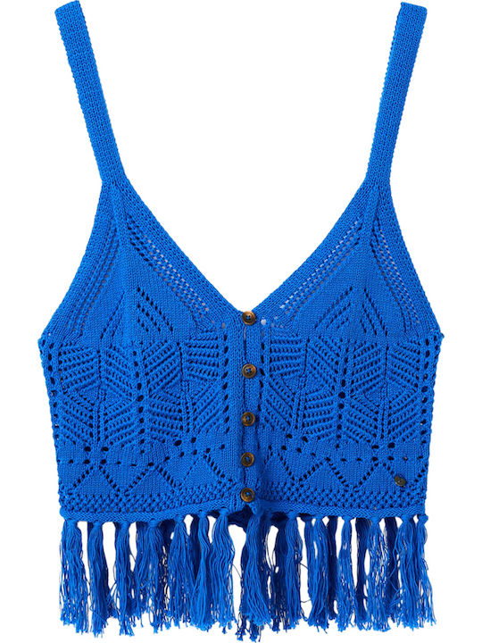 Loro Γυναικείο Καλοκαιρινό Crop Top Αμάνικο με V Λαιμόκοψη Μπλε