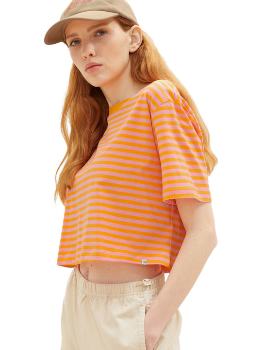 Γυναικείο Καλοκαιρινό Crop Top Κοντομάνικο Ριγέ Πορτοκαλί