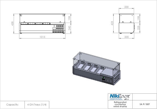 Niki Inox Kühlvitrine Tischgerät mit Kapazität 4x1/3 GN 108x34x45cm