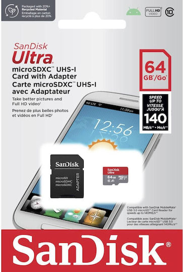 Sandisk Ultra флаш памет карта MicroSDXC с включен SD адаптер 64 GB