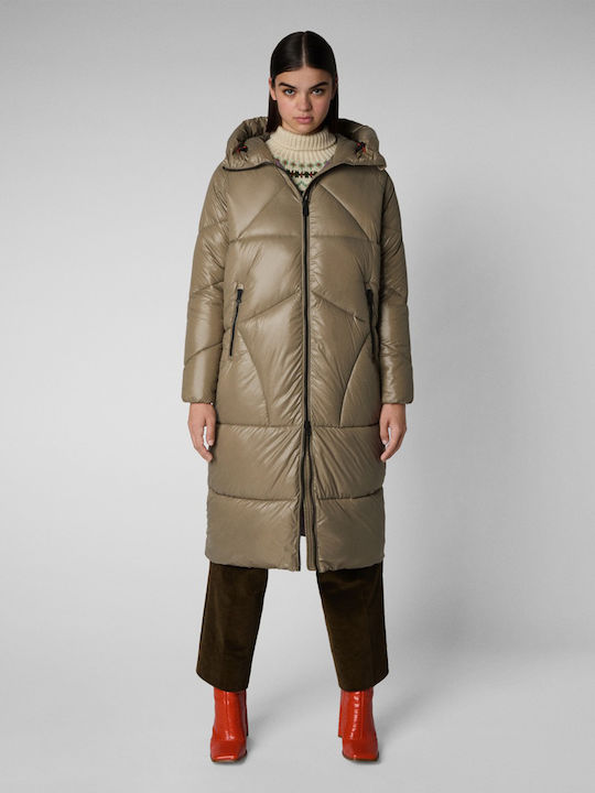Hilla Women's Long Puffer Jacket for Winter with Hood Elephant Grey