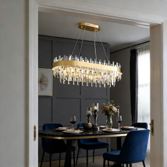 Verstellbar Hängelampe Gold mit Kristallen 80x80cm.