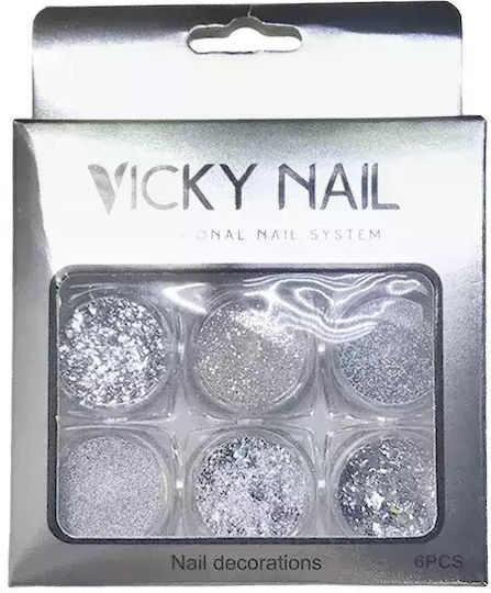 Vicky Nail Dekopulver Glitter Nageldesign Silber 6 Stück X 0,8g & 6 X Doppel Pinsel Anwendungs