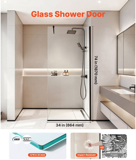 Vevor Σταθερό Πλαϊνό Ντουζιέρας 86.4x187cm Clear Glass Black Matt