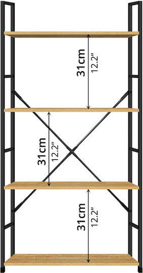 Bücherregal Artemis-60112 Eiche 4 Regale 58,6x23,5x112cm Schwarzer Metallrahmen