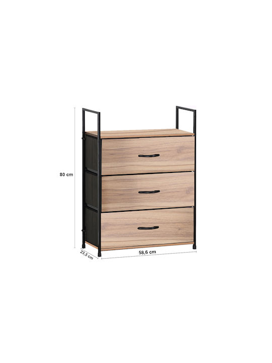 Comodă Dormitor Din Lemn Și Metal Cu 3 Sertare Stejar Cu Acoperire De Suprafață Din Material 58.6x23.5x80cm