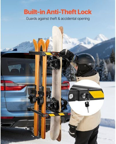 Vevor Folding Ski & Snowboard Tow Bar Rack Fits 50 Mm Hitch Carries Up To 6 Ski Pairs or 4 Snowboards Adjustable Car Rack Lock Safety Strap Access Tilt