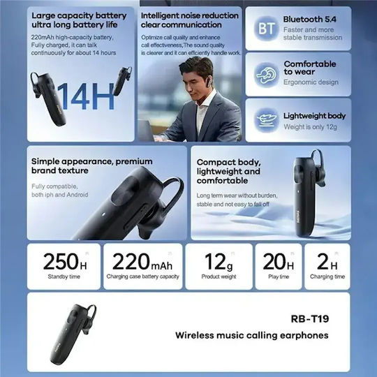 Remax RB-T19 Earbud Bluetooth хендсфри Слушалка Черен