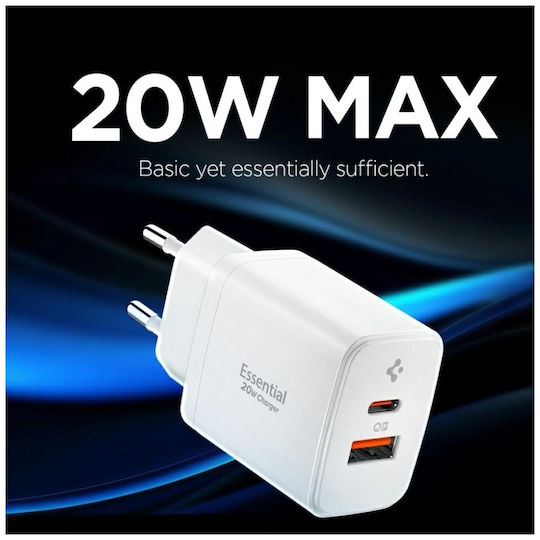 Spigen Φορτιστής Χωρίς Καλώδιο με Θύρα USB-A και Θύρα USB-C 20W Power Delivery Λευκός (Essential)