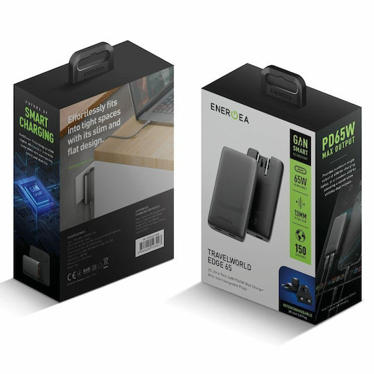 Energea Φορτιστής Χωρίς Καλώδιο GaN με 2 Θύρες USB-C 65W Power Delivery / Quick Charge 3.0 Γκρι (TravelWorld Edge)