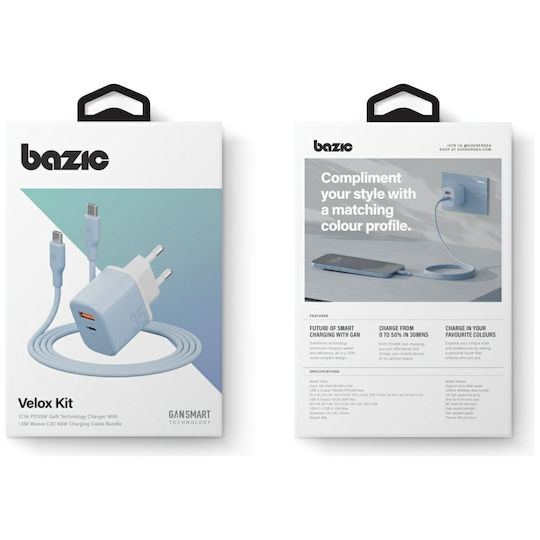 Bazic Charger GaN with USB-A Port and USB-C Port and Cable USB-C - USB-C 35W Power Delivery / Quick Charge 3.0 Blue (Goport Velox Kit)