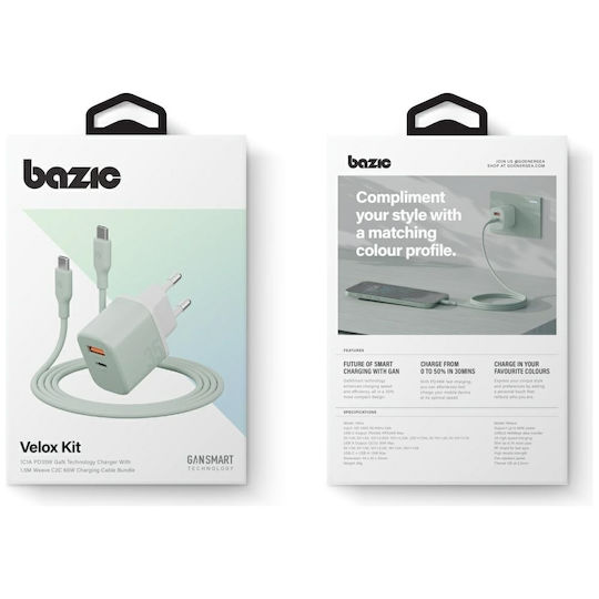 Bazic GaN с USB-A порт и USB-C порт и кабел USB-C - USB-C 35W Power Delivery / Quick Charge 3.0 Зелен (Goport Velox Kit)