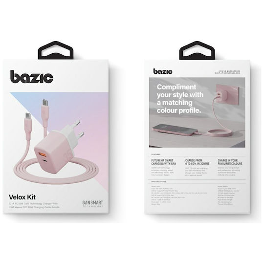 Bazic Φορτιστής GaN με Θύρα USB-A και Θύρα USB-C και Καλώδιο USB-C - USB-C 35W Power Delivery / Quick Charge 3.0 Ροζ (Goport Velox Kit)