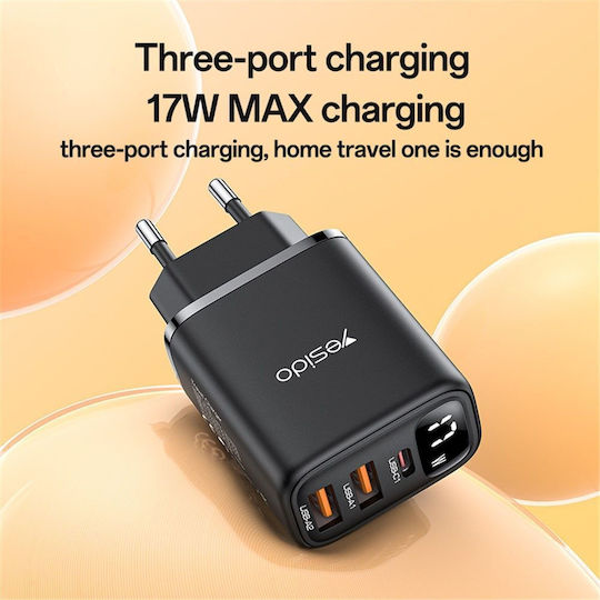 Yesido Charger Without Cable with 2 USB-A Ports and USB-C Port 17W Blacks (YC67)