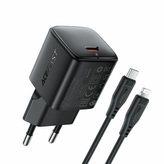 Acefast Charger GaN with USB-C Port and Cable USB-C - Lightning 30W Power Delivery Blacks (A118)
