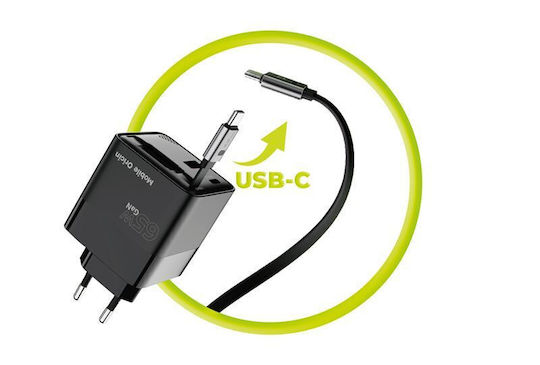 Mobile Origin Charger with Built-in Cable GaN with USB-A Port and USB-C Port USB-C 65W Power Delivery Blacks (MO-65WDCH-PW2)
