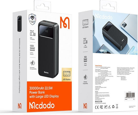 Mcdodo MC-4240 Power Bank 30000mAh 22.5W με 2 Θύρες USB-A και Θύρα USB-C Μαύρο