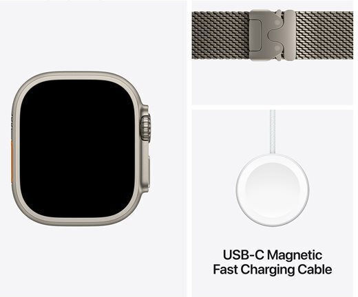 Apple Watch Ultra 2 2024 Titanium 49mm Waterproof with eSIM and Heart Rate Monitor (Natural with Natural Titanium Milanese Loop - M - Medium)