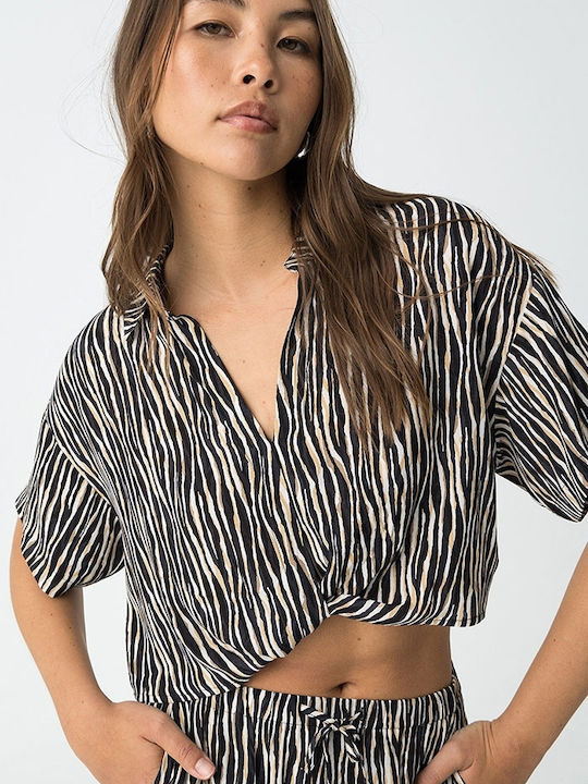 Women's Crop Top with V Neckline Animal Print Black