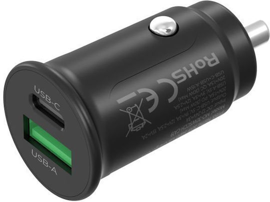 Mobile Origin Φορτιστής Αυτοκινήτου 15W 3A Γρήγορης Φόρτισης με Θύρες: 1xUSB 1xType-C Μαύρο Χρώμα
