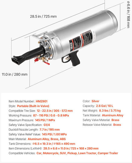 Vevor Portable Tire Bead Seater 2.6 Gal 9.84 L 10 L Air Bead Seating Hand Tool Operating Pressure 87-116 Psi Inflator Trigger Car Compact SUV Light Truck Electric Bicycle RV ATV