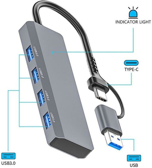Hub 4 Porturi USB 3.0 cu Conectare USB-A Gri