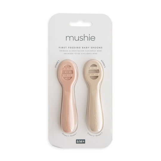 Mushie Set de Linguri Educaționale pentru Bebeluşi din Silicon pentru 6+ Luni Roz 2 Bucăți