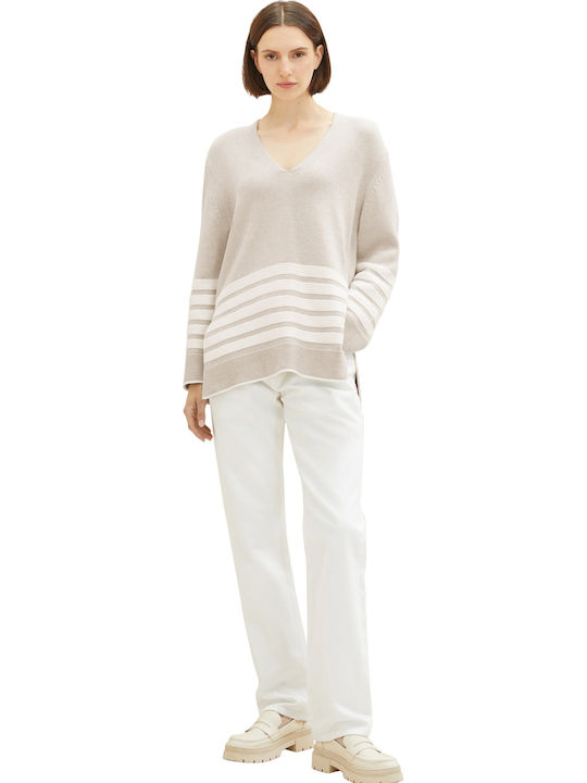 Women's Long Sleeve Sweater Cotton with V Neckline Striped Beige