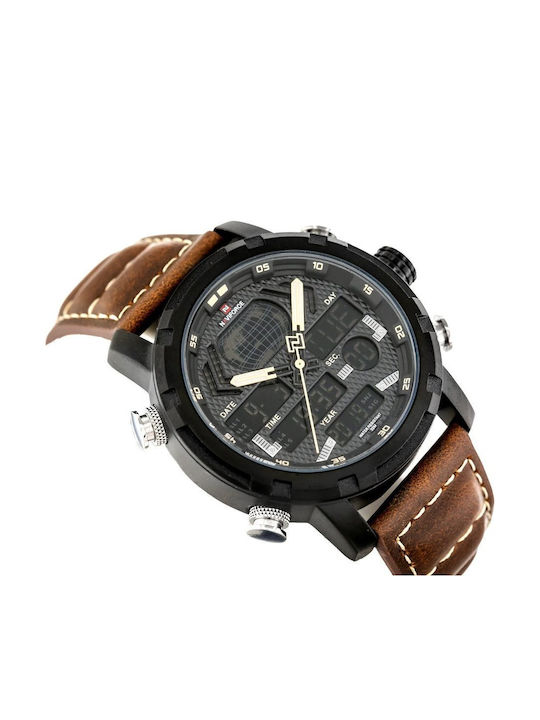 Naviforce Дигитален Мъжки Часовник 14mm На Батерия с Кафява Кожена Каишка